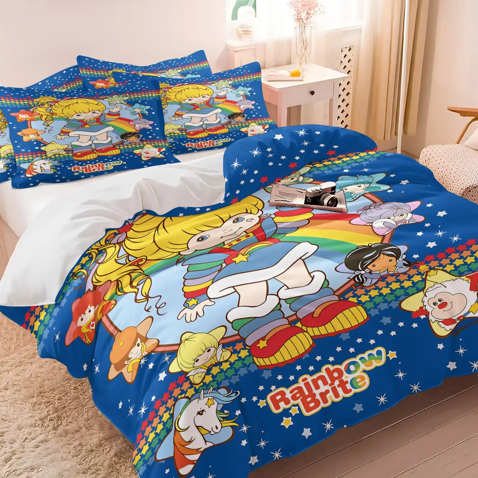 3PCS Rainbow Brite Cartoon Duvet Cover Set (1 Duvet Cover + 1-2 Pillowcases), Vintage Rainbow Girl Star Character HD Digital Print, Soft Cozy Skin-Friendly All Seasons Bedding, Perfect for 80s Retro Cartoon Fan Kids Bedroom Decor