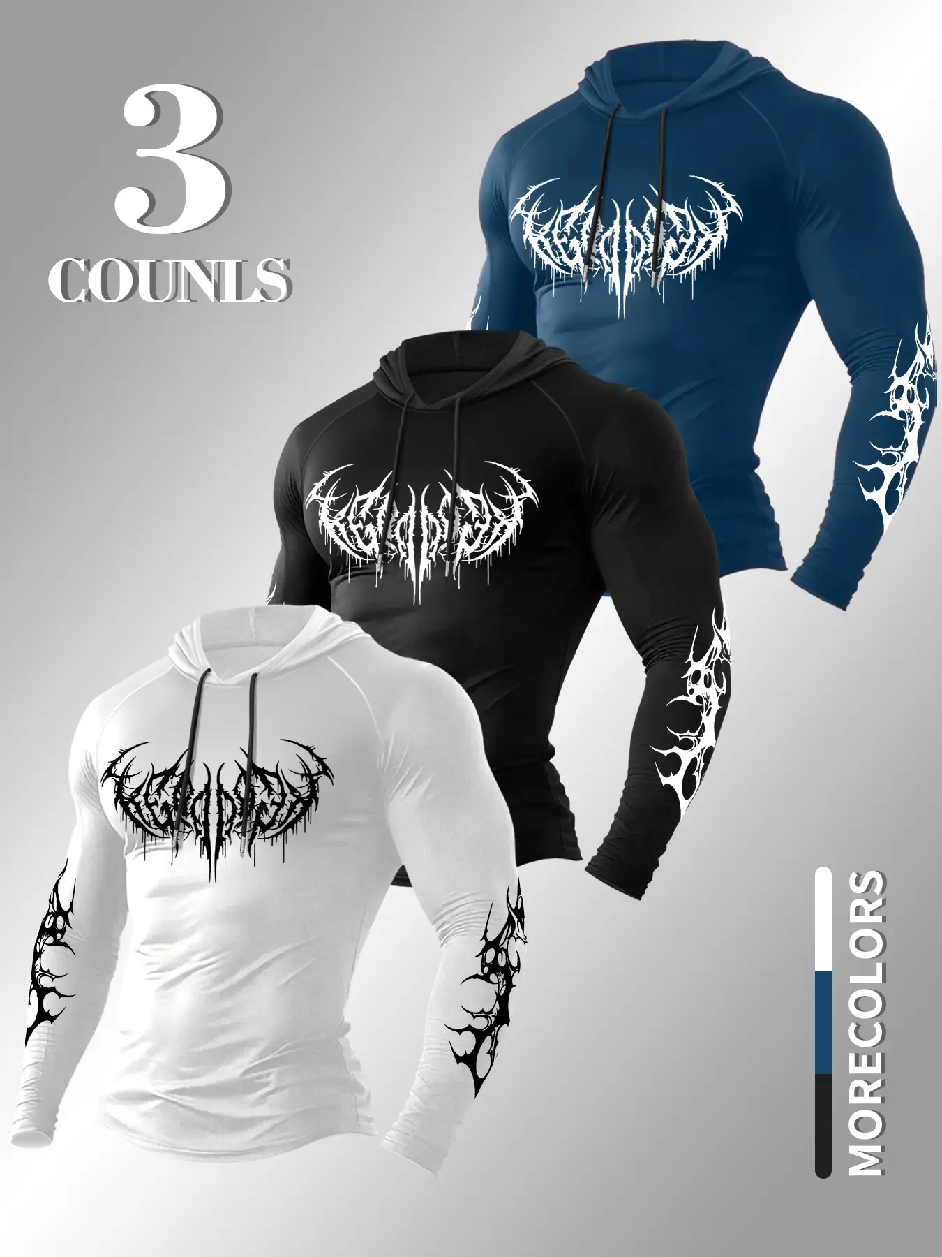Dark Thorn Gothic Print Compression Hooded Long Sleeve 3 Pack, Stretch Quick Dry Street Gym Athletic Hoodies Slim Base Hoodie, Compression Sports Top, Gym Sportswear