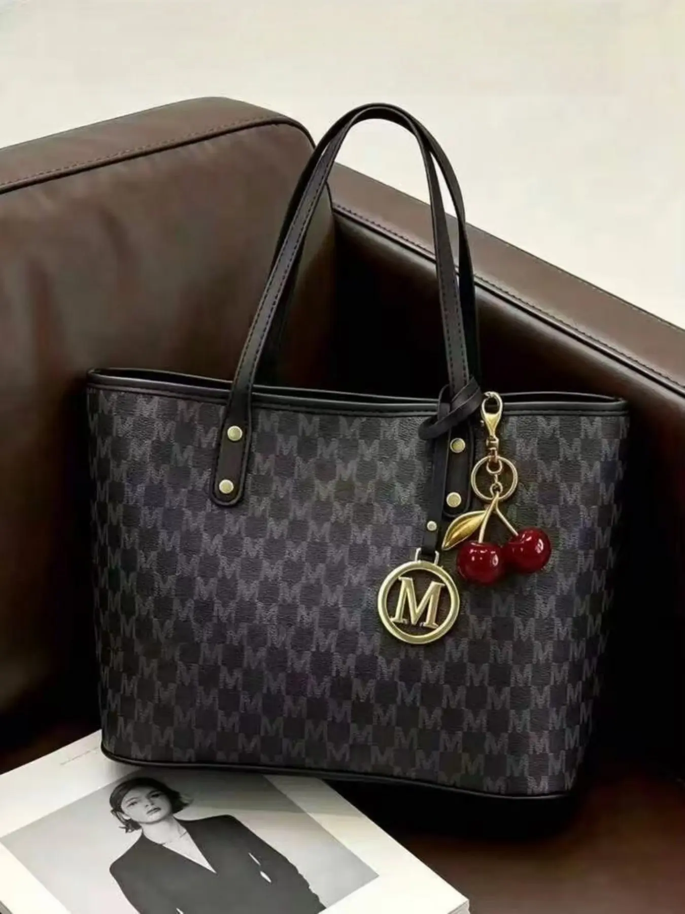Classic M Letter Print Tote Bag, Leather Trimmed Shoulder Strap, Metal M Tag & Cherry Charm, Large Capacity, Vintage Luxury Style