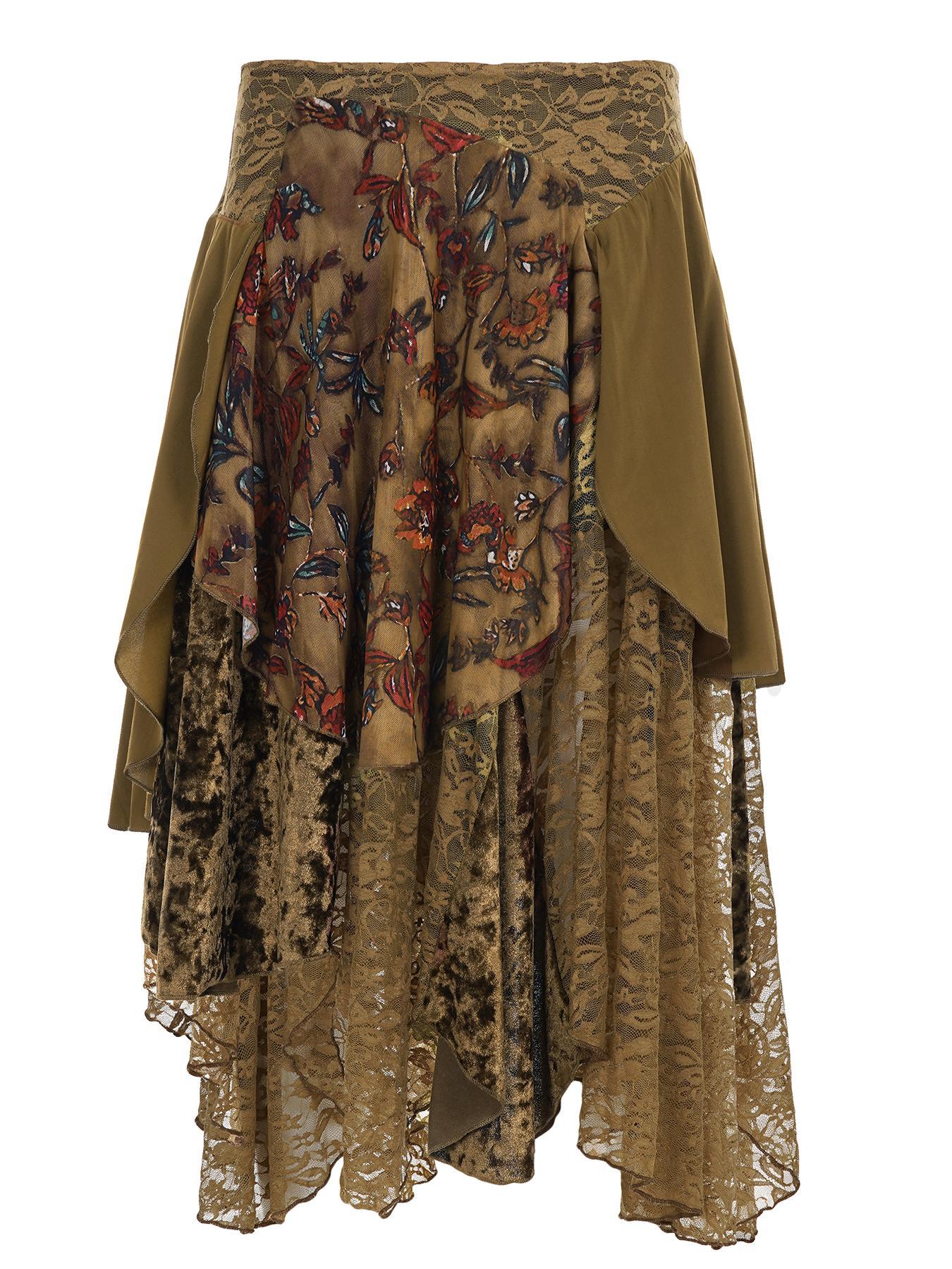 Women's Floral Lace Skirt, Vintage Sweet Skirt, Retro Asymmetrical Skirt, Boho Casual Skirts for Daily Wear, Ladies Bottoms for All Seasons