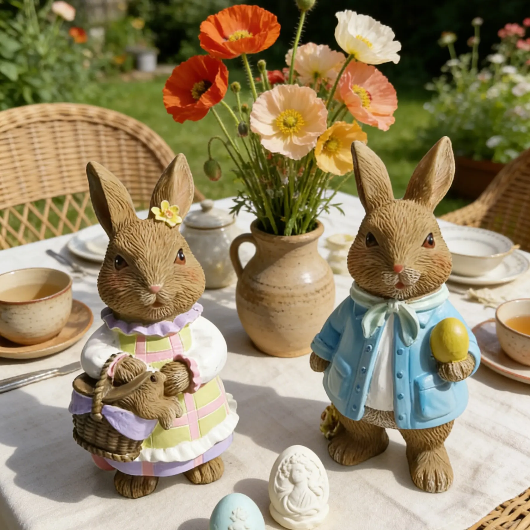 Easter Couple Rabbit Resin Statue Set, Spring Garden Bunny Statues with Eggs and Basket, Easter Desktop Courtyard Home Decor Gift