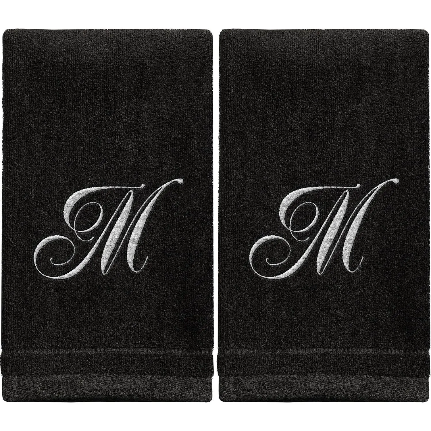 2 Pack 11x18 Personalized Initial Fingertip Towels, White Embroidery on Black Modern Monogrammed Towels, Great Personalized Gift for Women Teachers Friends Bridesmaids - Initial M