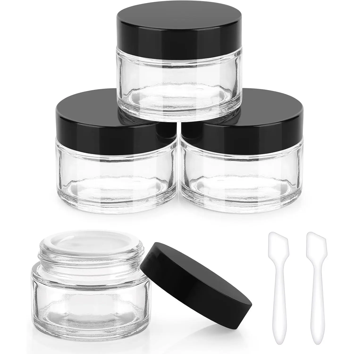 1 OZ Glass Jars with Black , 4 Pack Small Empty  Containers Round Glass Travel Jars with Inner Liners & Spatulas, Makeup Sample Container for Storing , Cream, Ointments