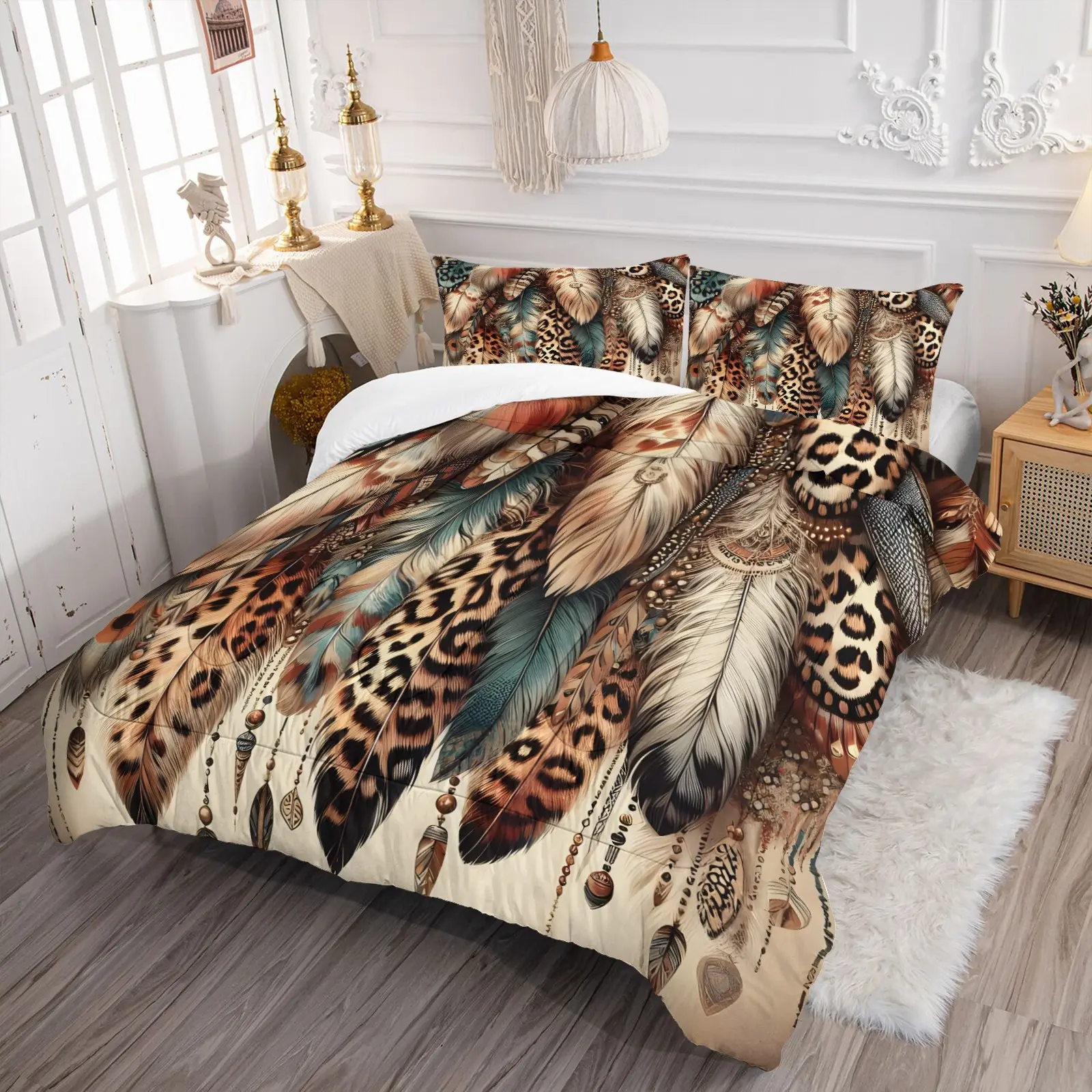 2 or 3-Piece Leopard Print and Tribal Feather Pattern Comforter Set – Western Cowboy Style Vintage Bedding – Soft, Comfortable, and Stylish Bedroom Decor – Gift for Boys and Girls Who Love Bohemian Style (Includes 1 Quilt + 1 or 2 Pillowcase)
