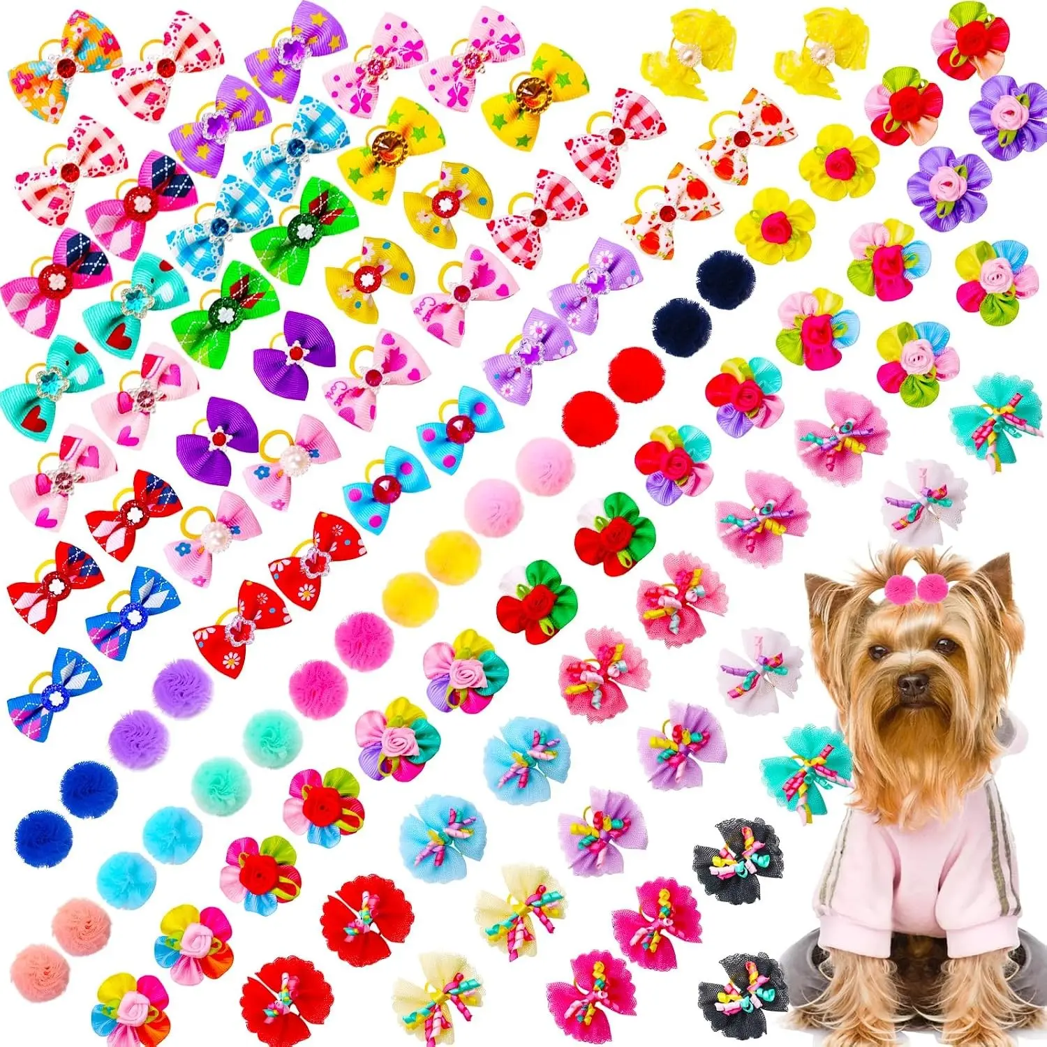 100pcs Bulk Dog Hair Bows with Rubber Bands - Small Handmade Grooming Accessories for Yorkie, Tiny Puppy Dainty Mixed Set