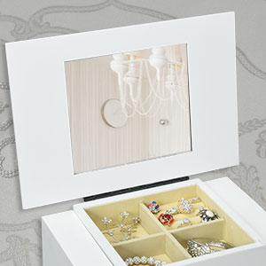 Karl home Jewelry Cabinet Armoire Chest with 4 Drawers, Flip Top Mirror, Top Storage Compartments, 2 Side Doors with 8 Necklace Hooks, 2 Shelves, White Standing Jewelry Organizer Box for Girls Gift