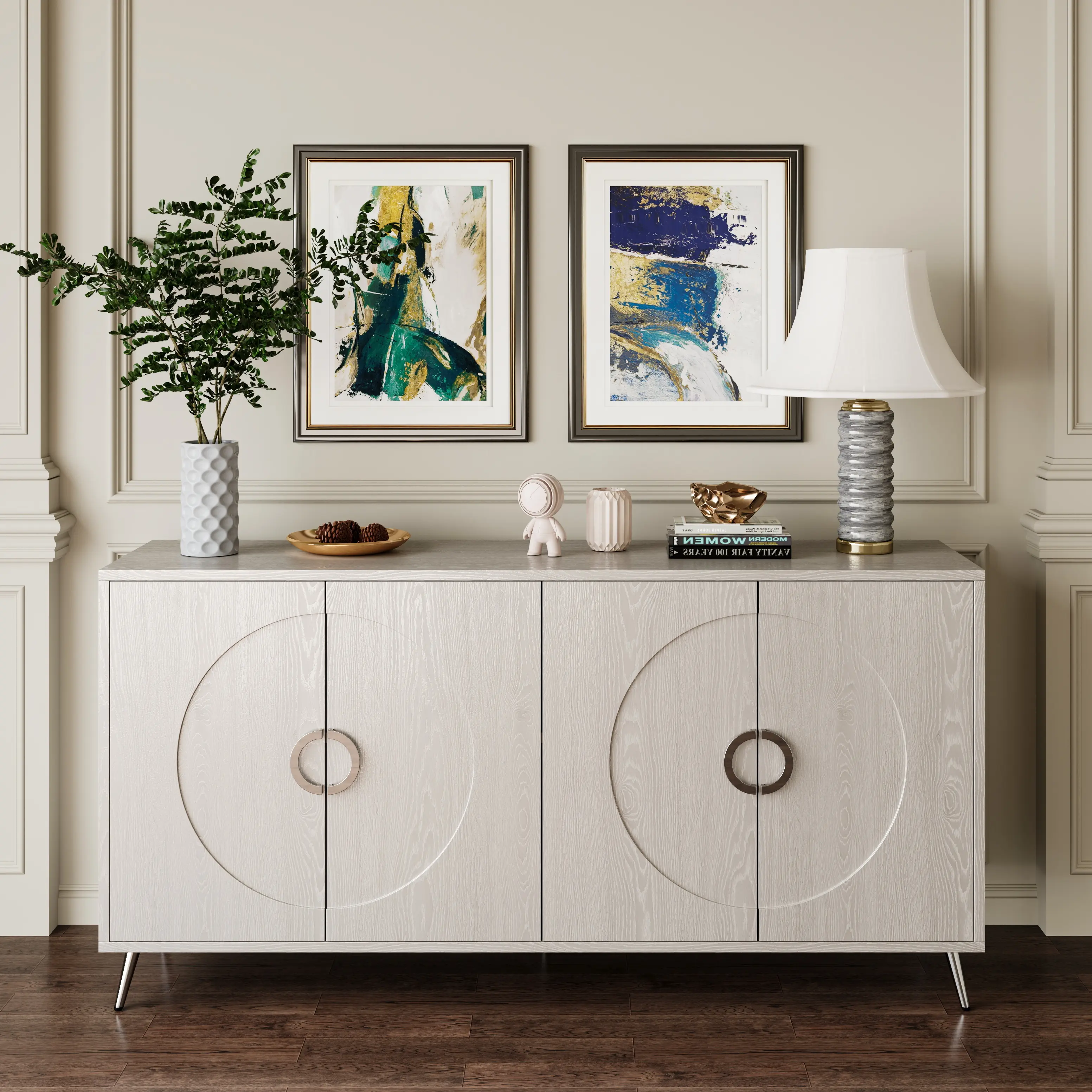 ARCH Modern Lacquered Finish Rectangular 4-Door Engineered Wood Sideboard Buffet Cabinet with Adjustable Shelves, Metal Legs, 59.84"x31"x15.7" Champagne Silver Storage Unit for Living Room, Dining Room, Office, Lacquer Finish