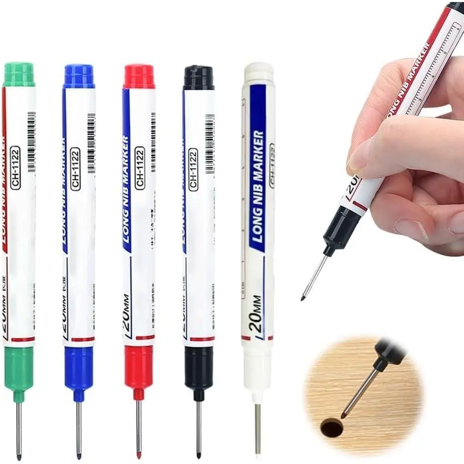 5PCS Colorful Set Long Head Deep Hole Marking Tools, 20mm Deep Reach, Waterproof, Permanent, PP Body, Ruler Side Metal Surface Marking Pens for Office Stationery, Metal Surfaces