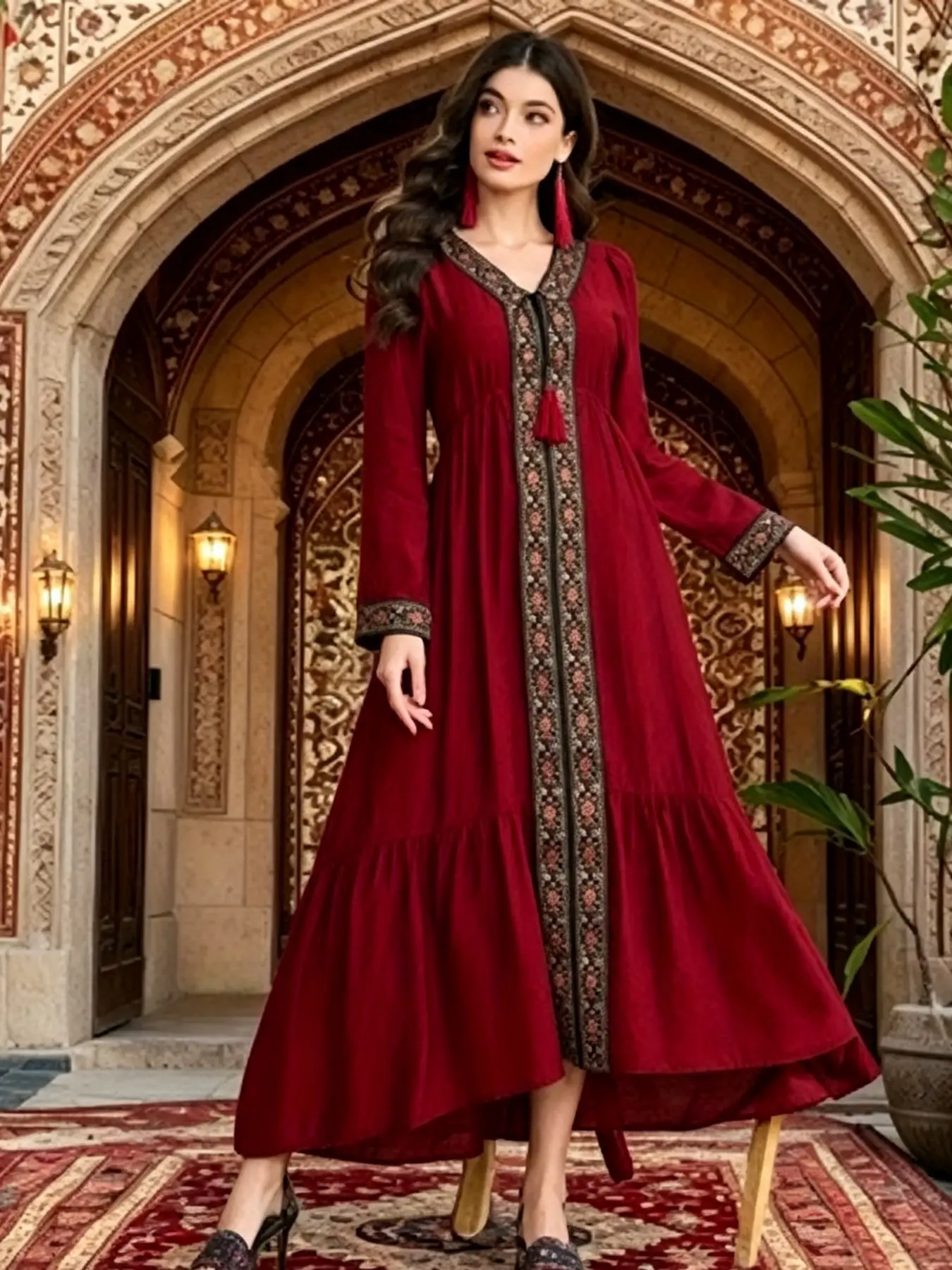 Ladies Deep Ethnic Tassel Tie Embroidered Trim Maxi Dress, Bohemian Resort Style, Boho Style, V Neck, Long Sleeves, Empire Waist, Flowy Hem