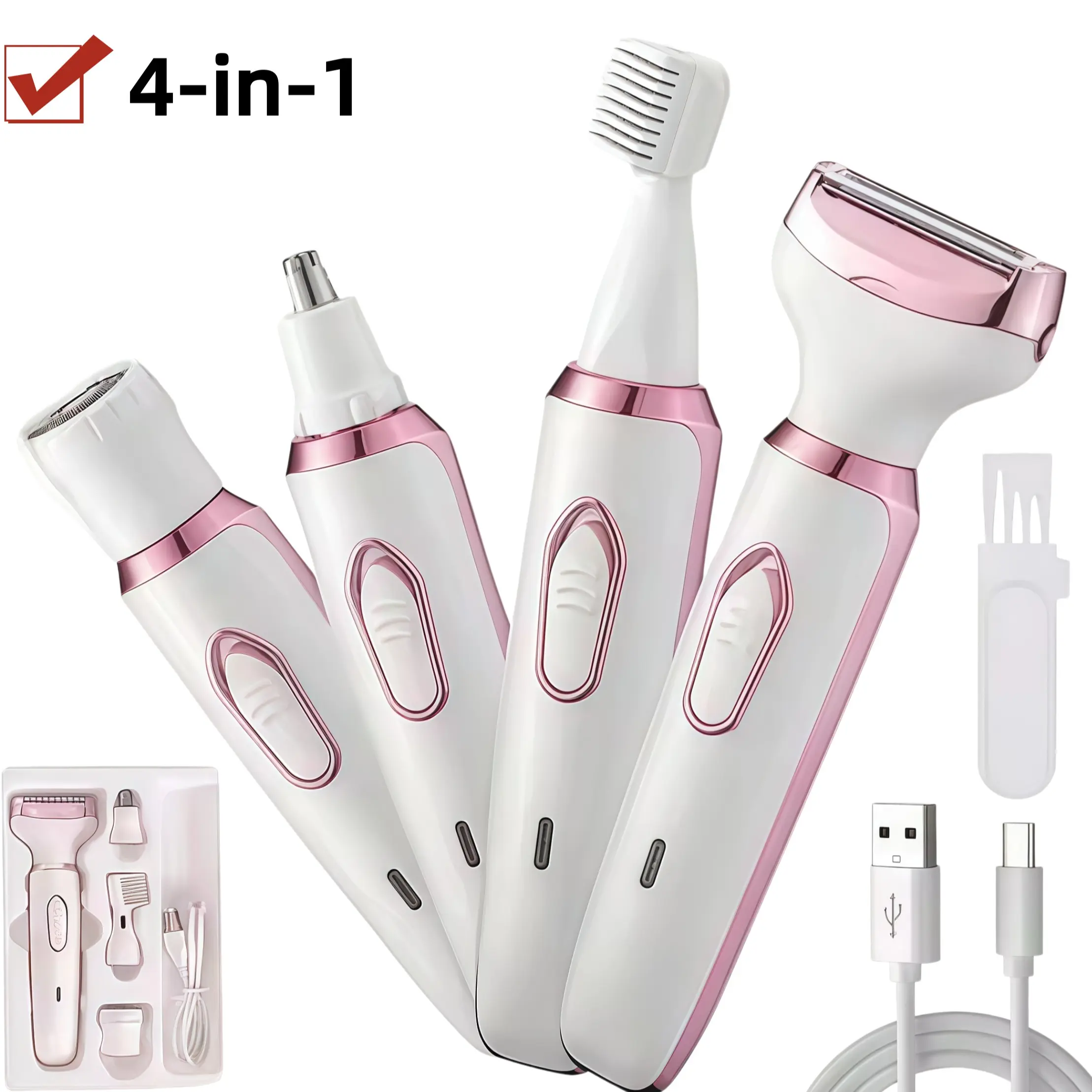 4-In-1 Multifunctional Women's Electric Hair Trimmer, Body Leg Bikini Facial Eyebrow Nose Armpit Hair Removal Tool Set