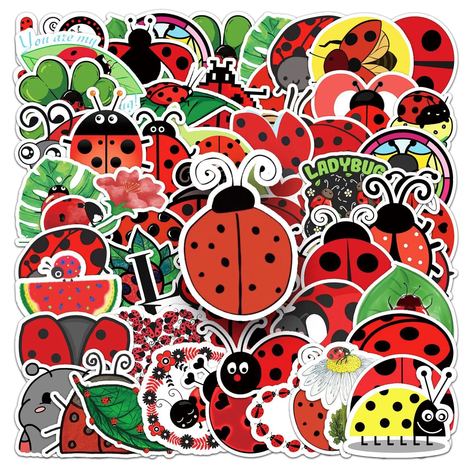 50 Cute Ladybug Stickers, Waterproof Vinyl Adhesives, Heart & Fruit Designs, Ideal for Phones, Skateboards, Laptops, Fridges, Suitcases