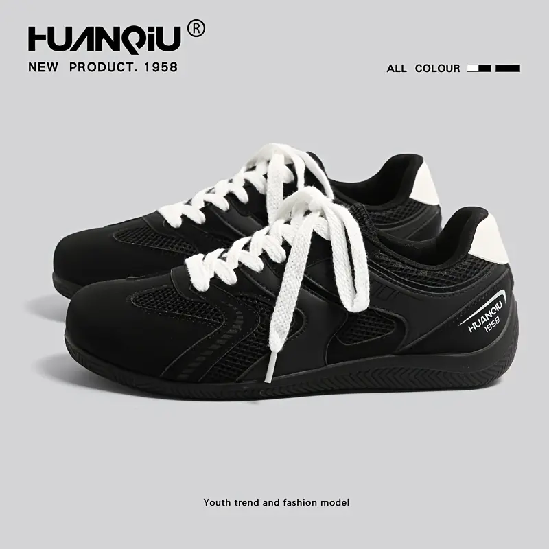 HUANQIU Trendy Couple Sneakers, Mesh Breathable Casual Shoes, Lightweight, Non-slip, Comfortable, Durable, Black Cornetto Shoes