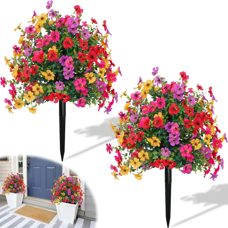 2 Pack UV Resistant Decorative Artificial Flowers Outdoor Garden Stakes - Colorful Fake Wildflowers for Patio Yard Lawn Decor, No Watering All Season Bloom