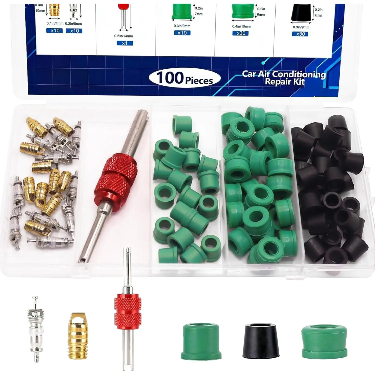 100 count HVAC Hose Gasket Air Condition Repair Kit Repair Tool,HVAC Hose Seals,10Pcs Valve Cores 79 count Hose Gaskets 10 count Valves