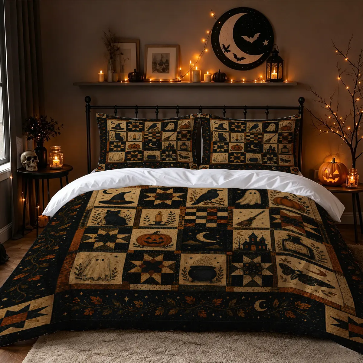 3Pcs Vintage Witch Hat Raven Ghost Pumpkin Haunted House Patchwork Print Duvet Cover Set, Primitive Farmhouse Halloween Bedding with 1 Duvet Cover and 2 Pillowcases, No Comforter, Rustic Fall Bedroom Decor for Adults, Apartments, Dorms and Guest Rooms
