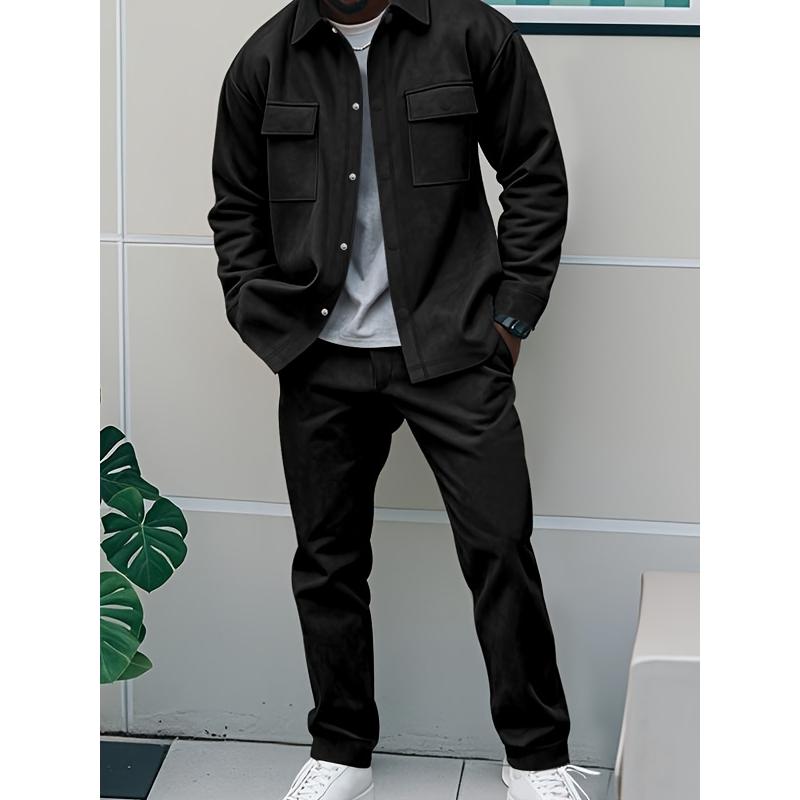 2pcs Men'S Casual Solid Color Sweatsuit Set, Polyester Knit Fabric with Slight Stretch, Regular Fit, with Lapel Collar, Button Details, for Spring/Fall - Fashionable American Style Workwear Jacket and Pants Combo