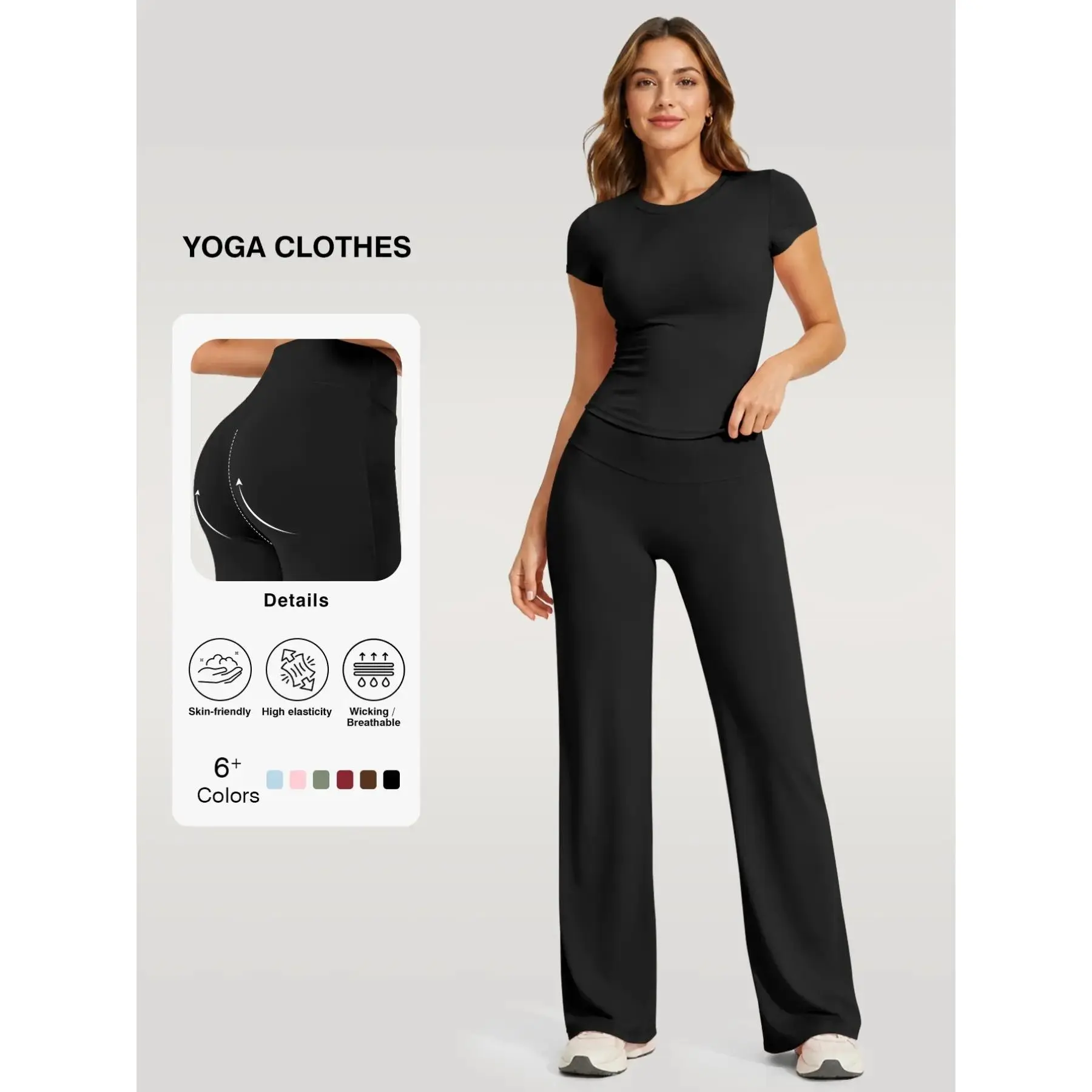 Women's Two-Piece Sportswear Set, Activewear Workout Set, Polyester Blend Activewear, Lightweight Short Sleeve T-Shirt and Wide Leg Pants, Quick-Dry Breathable Fitness, Gym Sports Set