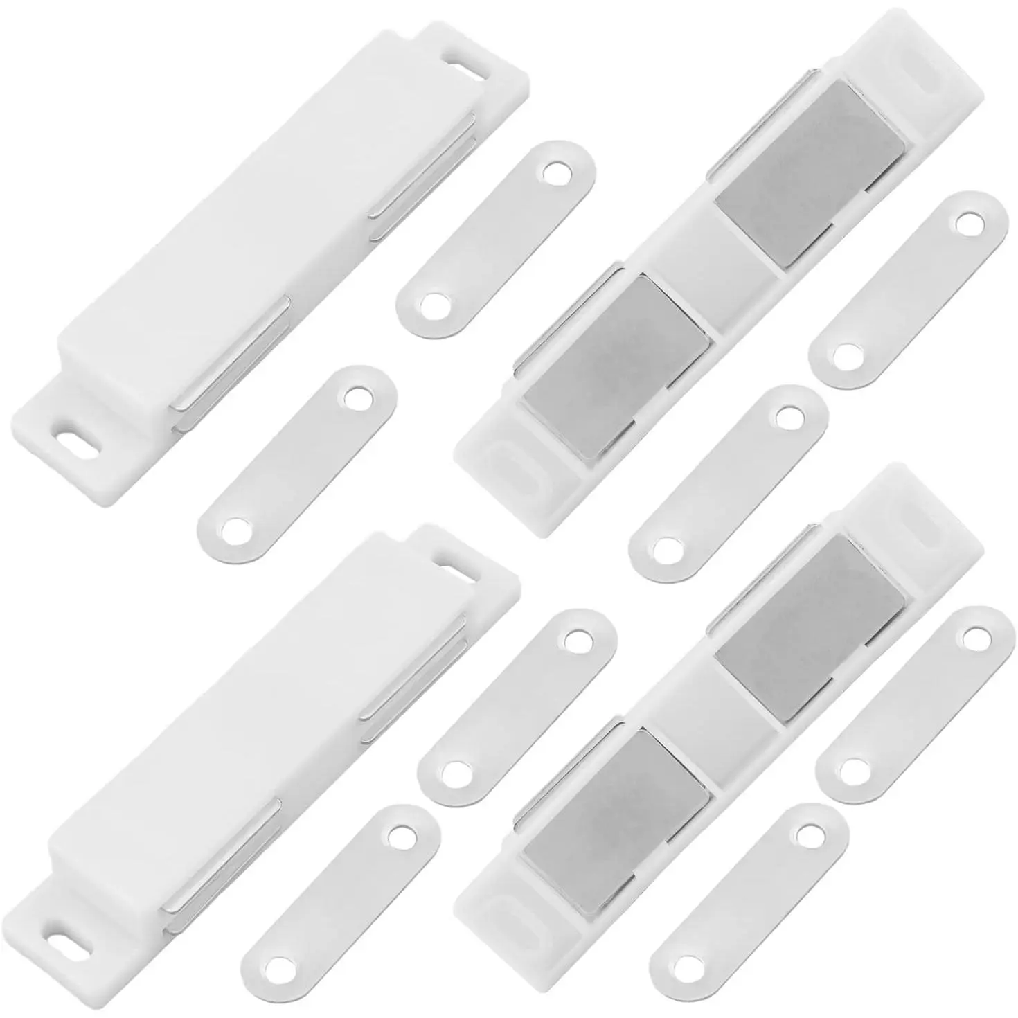 8-Count Large White Plastic Magnetic Pull Cabinet Latches, Plastic Shell, Double Catch Design, 3.74" Long, Mounting Screws for Kitchen Cabinet Doors, Bathroom Cupboards