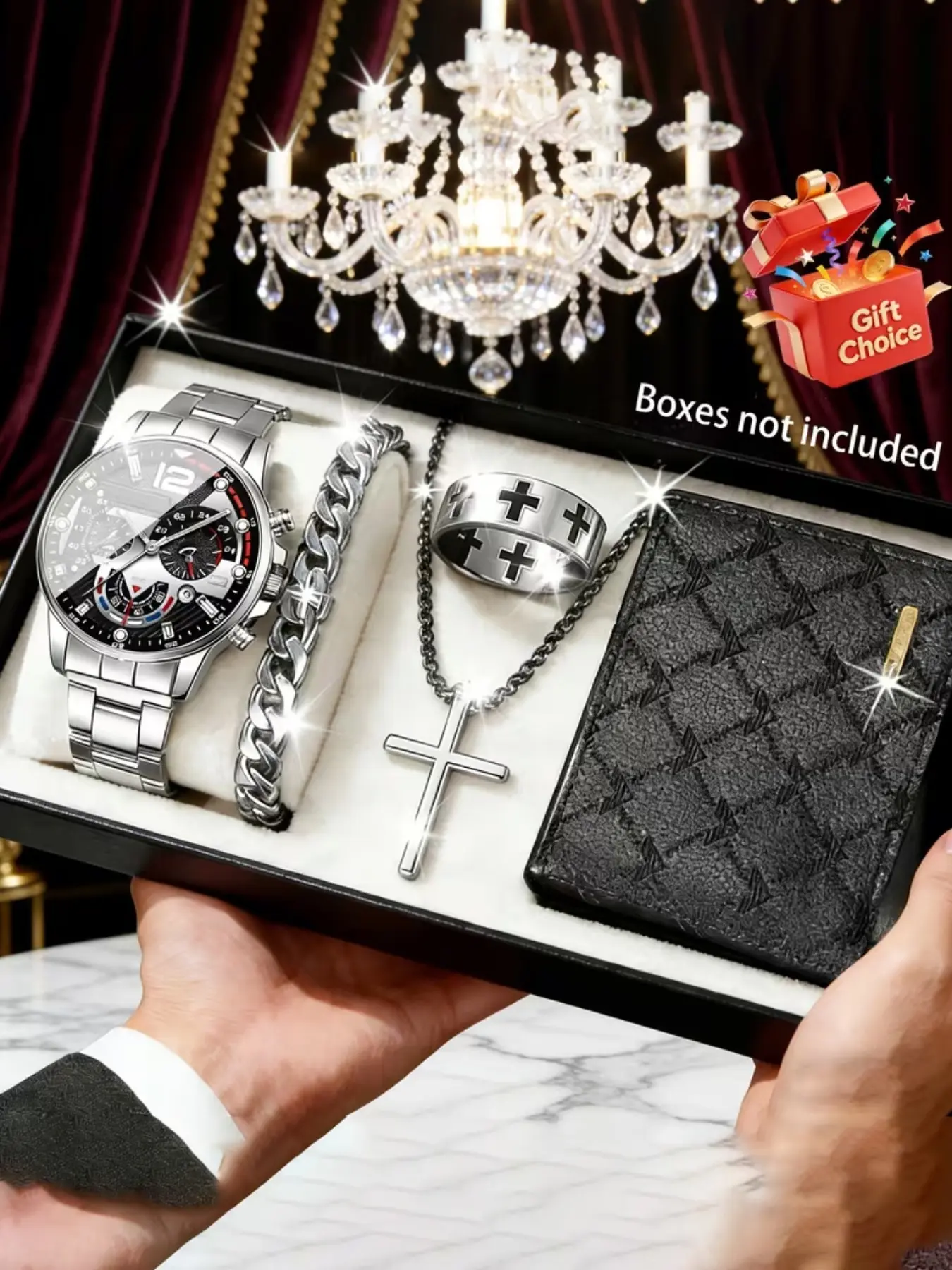 5pcs Men's Gift Set, Men Accessories, Accessory Set, Silver Watch, Cross Pendant, Wallet, Perfect for Daily Commute, Ideal for Holidays, Elegant and Practical