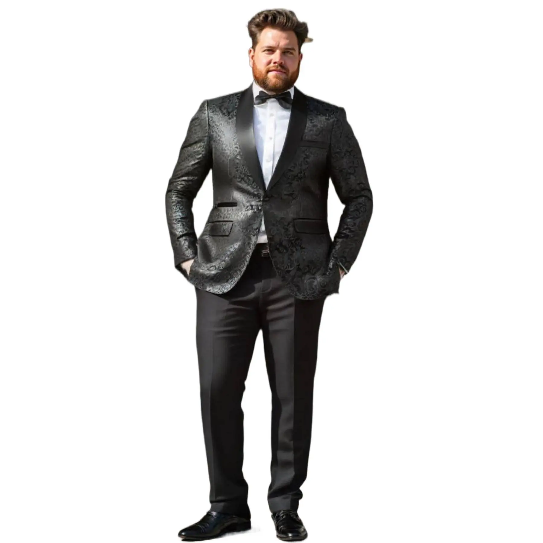 Big & Tall Men's Jacquard Tuxedo, 2-Piece Formal Set with Satin Shawl Lapel, Matching Trouser & Bow Tie for Weddings, Proms, Blazer, Soft, Elegant, Fabric, Polyester, Buttons, Menswear, Dry Cleaning, Rayon, Classic, Basics, Straight Pants, Tuxedo Suit, Fi