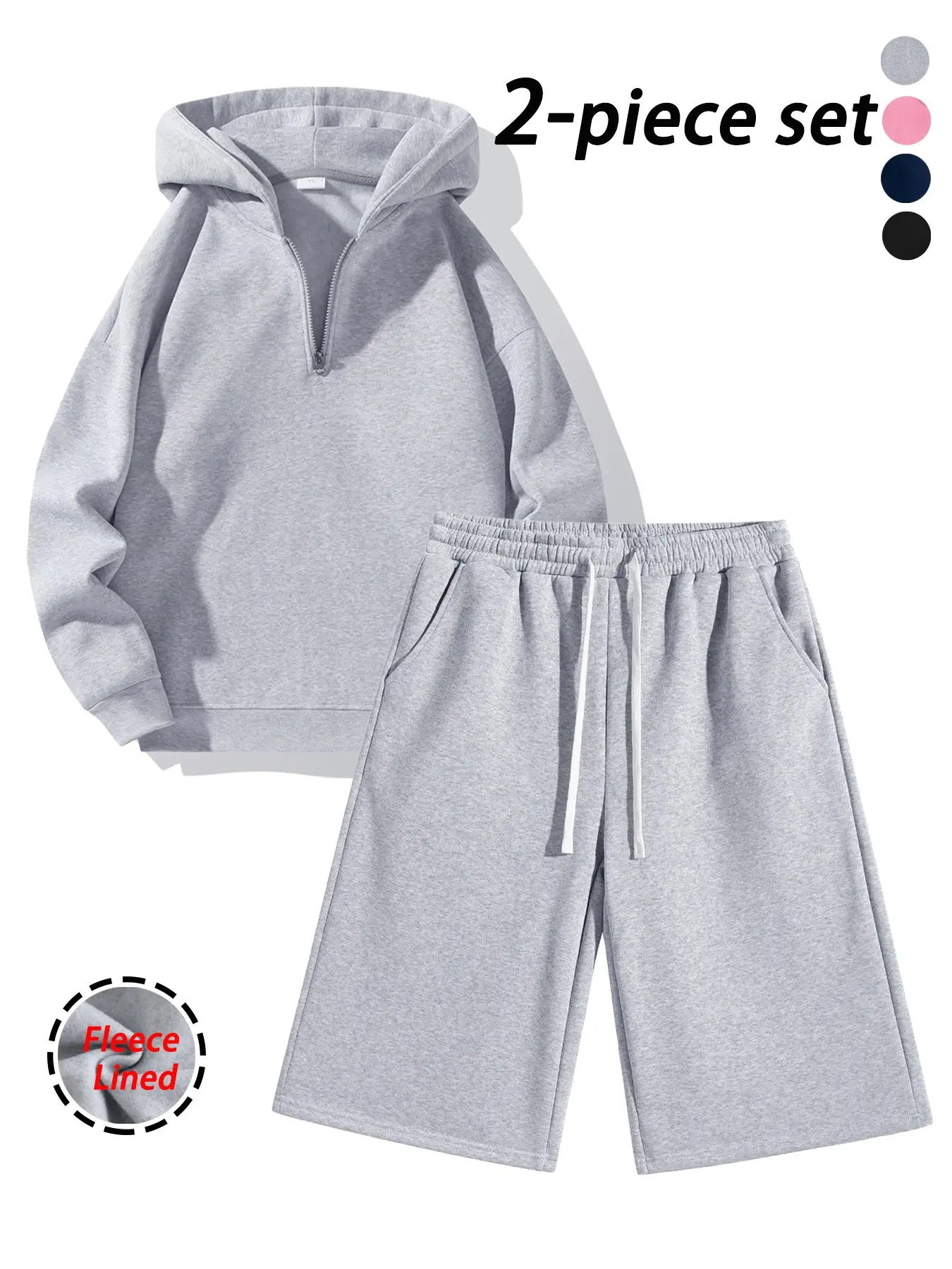 Men's Fleece Two-Piece Set, Polyester Fabric, Half-Zip Hooded Sweatshirt with Knee-Length Seven-Quarter Pants, Casual Streetwear