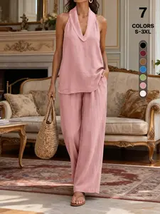 Chic Summer Fashion Set | Elegant Halter Neck Top & Wide Leg Trousers | Sophisticated Urban Casual Loungewear for Office, Cafe Hopping & Work