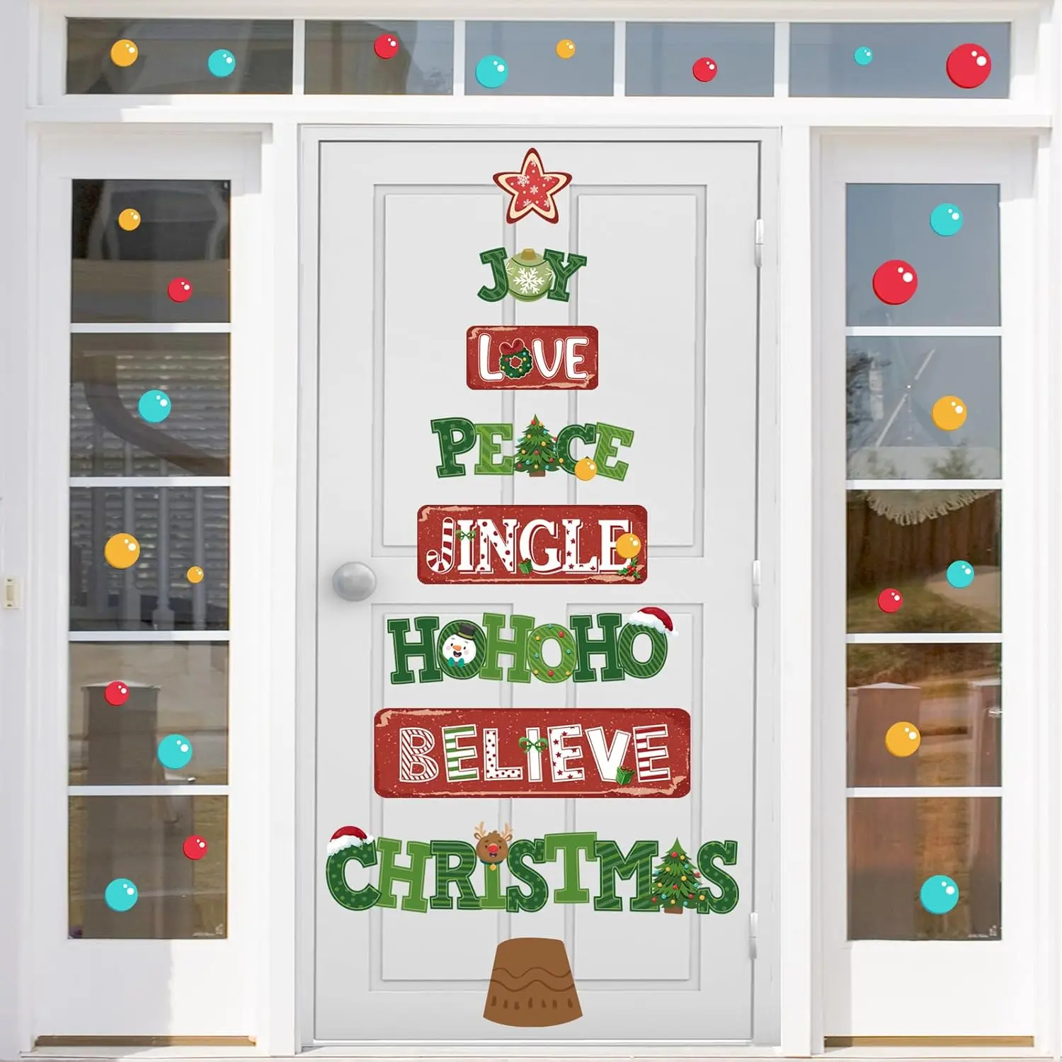 Merry Christmas Tree Window Door Clings Stickers,Xmas Quotes Wall ,Christmas Bulletin Board Decoration Stickers Kit,Joy Love Peace Garage Door Porch Decor for Holiday