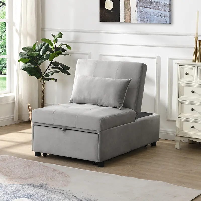 Nokaa Folding Ottoman Sofa Bed Grey Velvet Convertible Sleeper Chair Guest Bed for Living Room Small Space Multi-Functional Furniture with Backrest, Living Room Furniture for Apartment, Lounge, Family Room, Office and Home Seating, Sofa Couch Seating