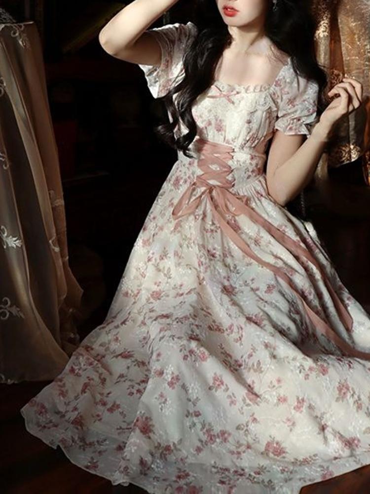 Summer Korean Fashion Lace Fairy Dress Women Square Collar Princess Kawaii Floral Print Dress Female Bandage Sweet Dress 2026