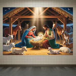 Nativity Mary Joseph Backdrop Banner Classic Christmas Scene Style Tapestry Wall Hanging Photography Background Polyester Fiber for Indoor Outdoor Party Home Studio Decor