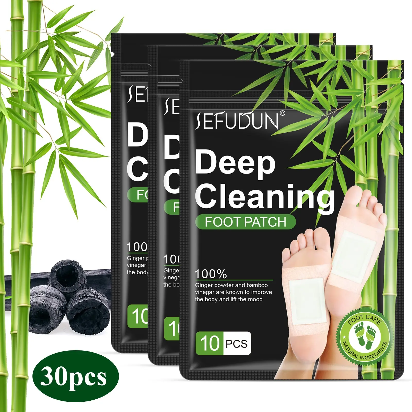 SEFUDUN 30-Piece Bamboo Charcoal Foot Patches: For daily foot care and relief; suitable for men and women; good for 15 uses