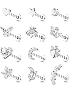 12Pcs 16G Cartilage Jewelry Tragus Earrings for Women Men Surgical Steel Internally Threaded CZ Moon Heart Star Leaf Nose Labret Medusa Piercing Stud Tragus Helix Piercing Jewellery