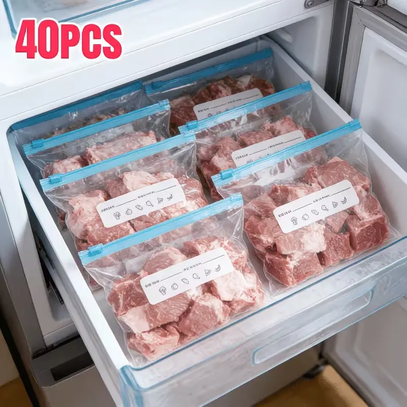 40pcs Plastic Reusable Refrigerator Storage Bags Set, Kitchen Essential Sealed Bags, Three Sizes, Zipper Food Storage Bags, Fruit Vegetables Meat Containers