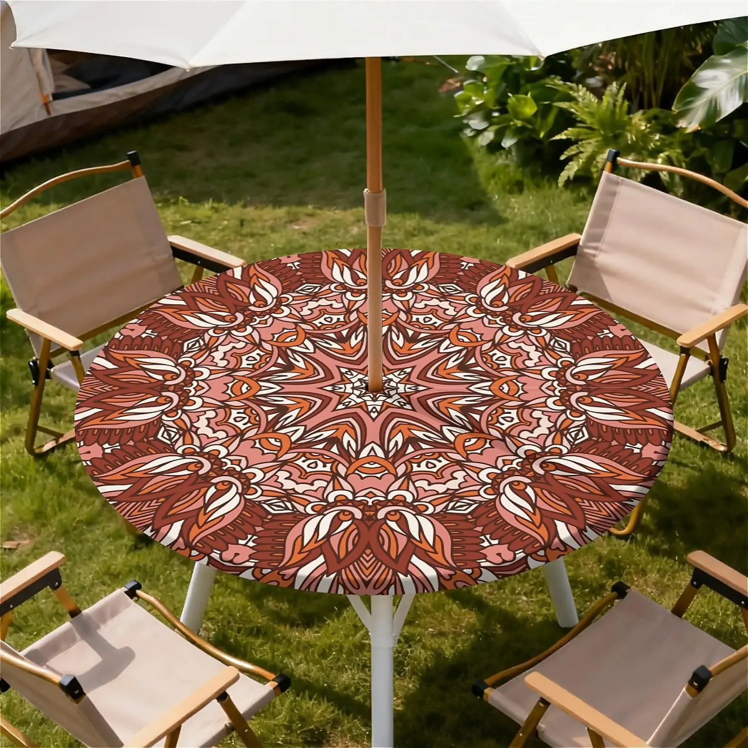 Round Outdoor Tablecloth with Umbrella Hole, Zippered Fitted Waterproof Tablecover with Elastic Edge Fits 32"-36" Round Tables for Patio Picnic Garden Camping Party, Terra Mandala Pattern
