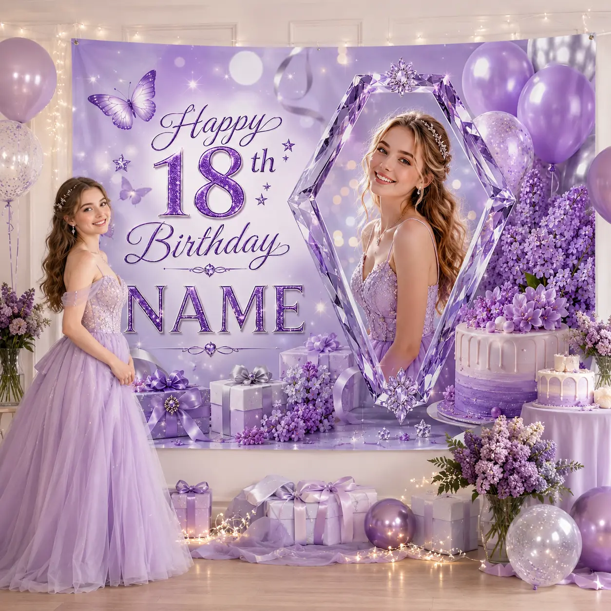 Personalized Lavender 18th Birthday Backdrop with Photo and Name, Crystal-Style Frame, Butterflies, Lilac Flowers, Balloons and Cake