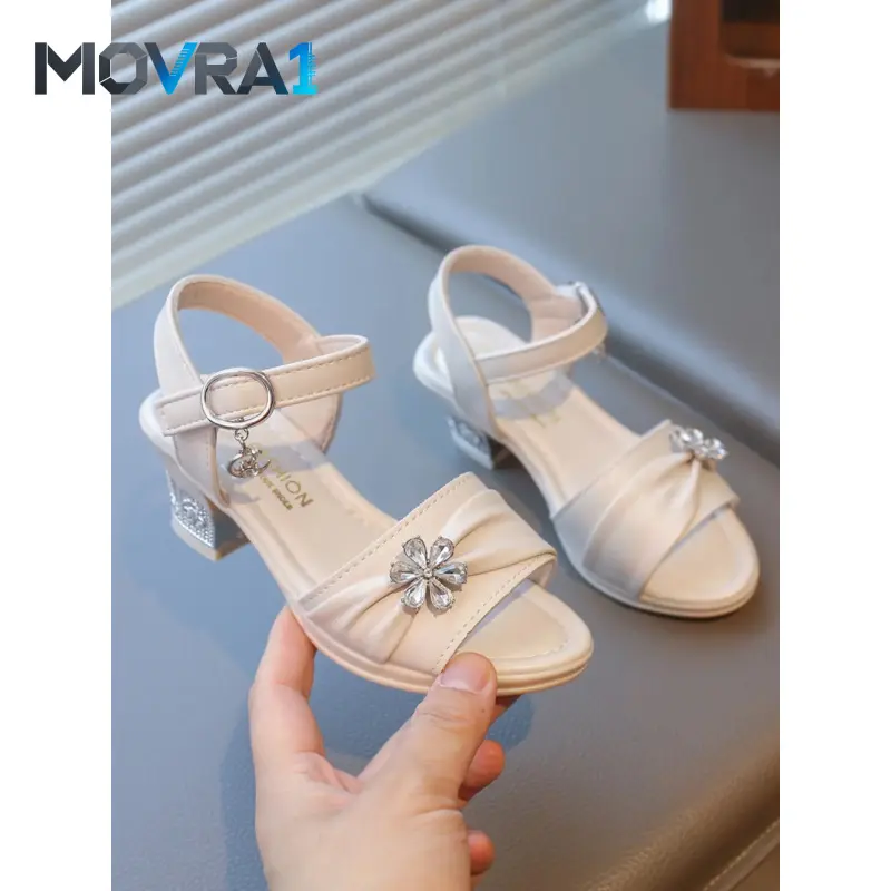 MOVRA1 Girls' Sparkly Detail Princess Sandals, Adjustable Strap PU Rubber Low Heel Shoes, Comfortable Elegant All-Match Kids' Footwear