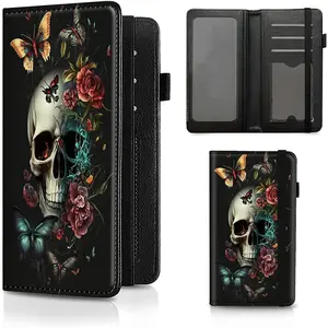 Checkbook Cover Butterfly Skull Flower Pattern Premium Leather Check Book Holder Wallet with RFID Blocking Function for Men and Women
