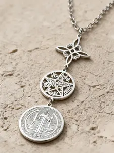 1 Piece Triple Protection Necklace With Witch Knot Pentagram Tetragrammaton St. Benedict Stainless Steel Spiritual Symbol Amulet Jewerly