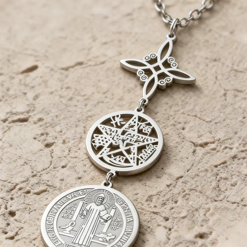 1 Piece Triple Protection Necklace With Witch Knot Pentagram Tetragrammaton St. Benedict Stainless Steel Spiritual Symbol Amulet Pendant Jewerly Jewelry Gifts