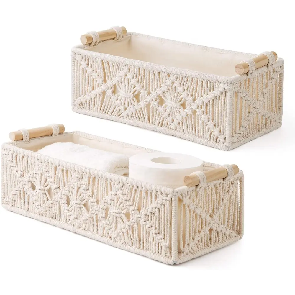 1pc  Macrame Storage Basket, Boho Bathroom Toilet Paper Holder, Ivory | Small Baskets for Organizing, Hand-Woven, Bohemian Beach Coastal Decor, Shelf Vanity Cabinet Bedroom Living Room Office Dorm