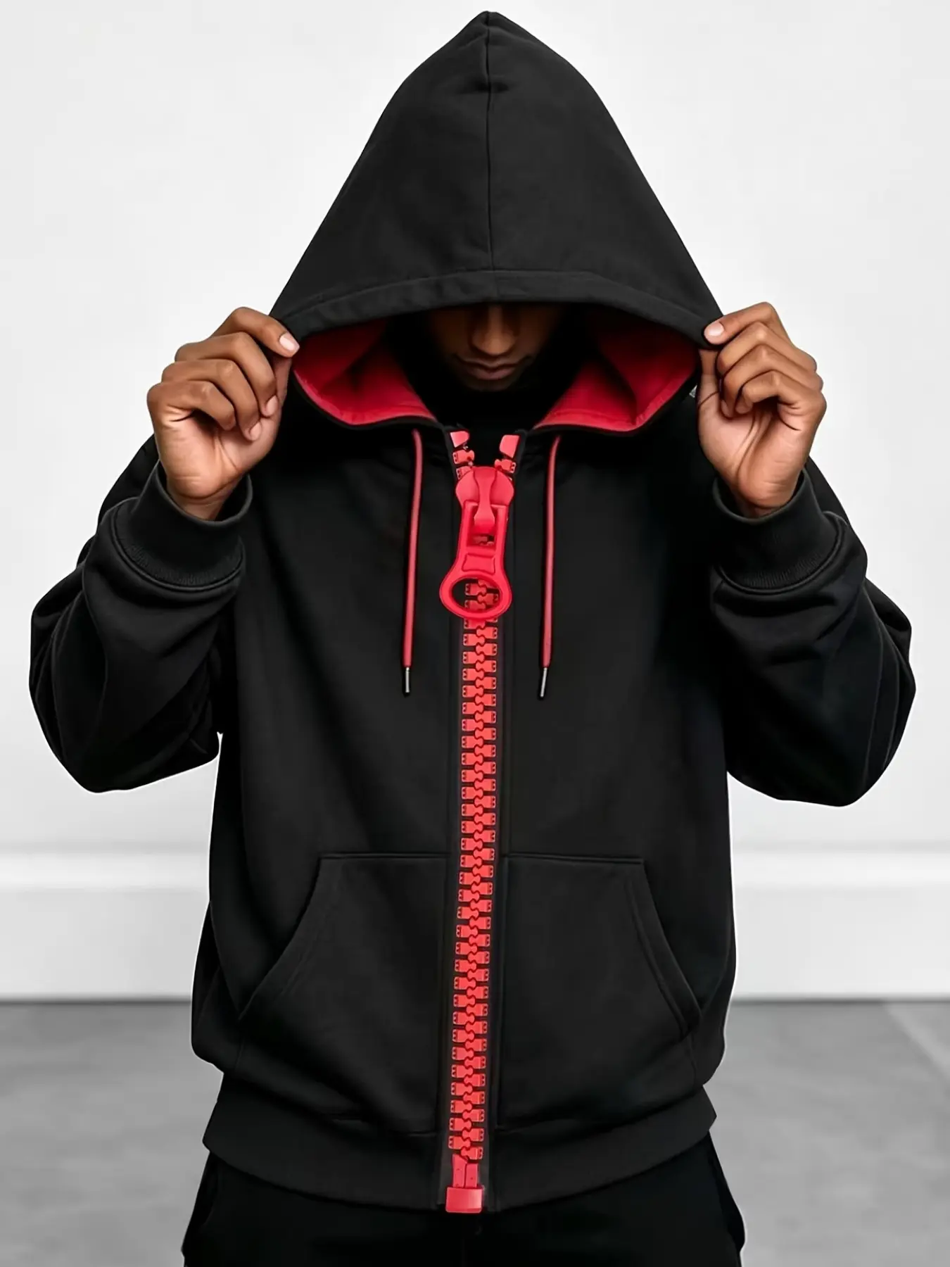 Black Red Colorblock Zipper Hooded Sweatshirt for Men, Loose Fit Drop Shoulder Casual Hooded Jacket, Street Style Graphic Pullover, Long Sleeve