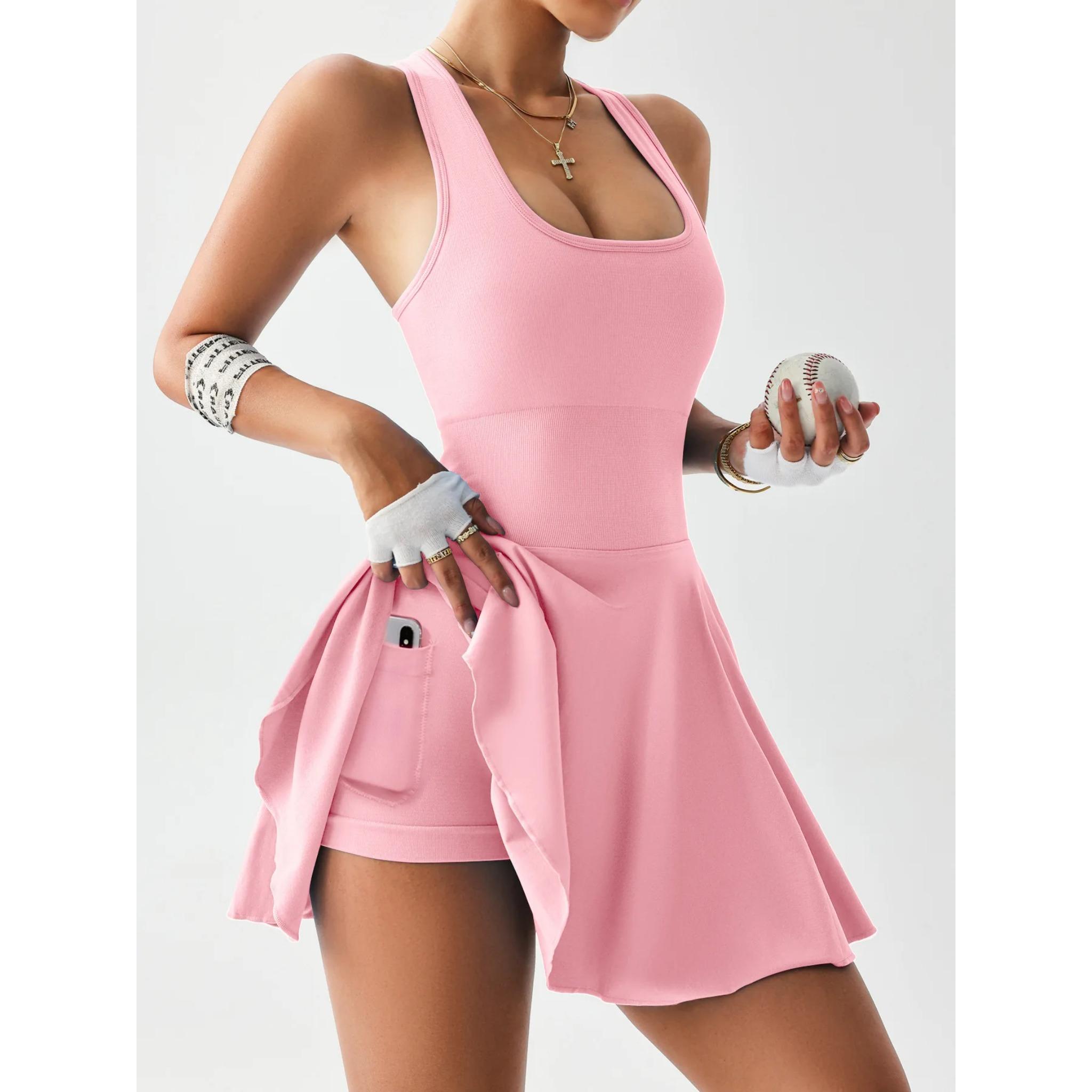 Women's tennis dress one-piece slim fit soft sportswear golf badminton suit with chest cushion sports yoga suit, Women's Seamless Racerback Tennis Dress with Built-in Shorts, Golf Activewear with Pockets