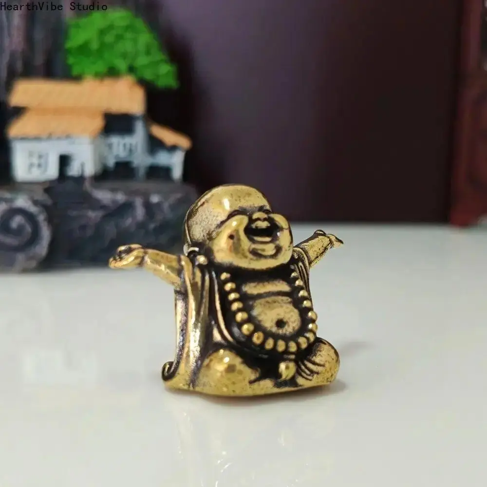 Laughing Buddha Brass Figurine Tea Pet, Feng Shui Lucky Charm Desk Ornament, Mini Carving Decorative Statue for Wealth, Vintage Collectible Craft Religious Home Decor