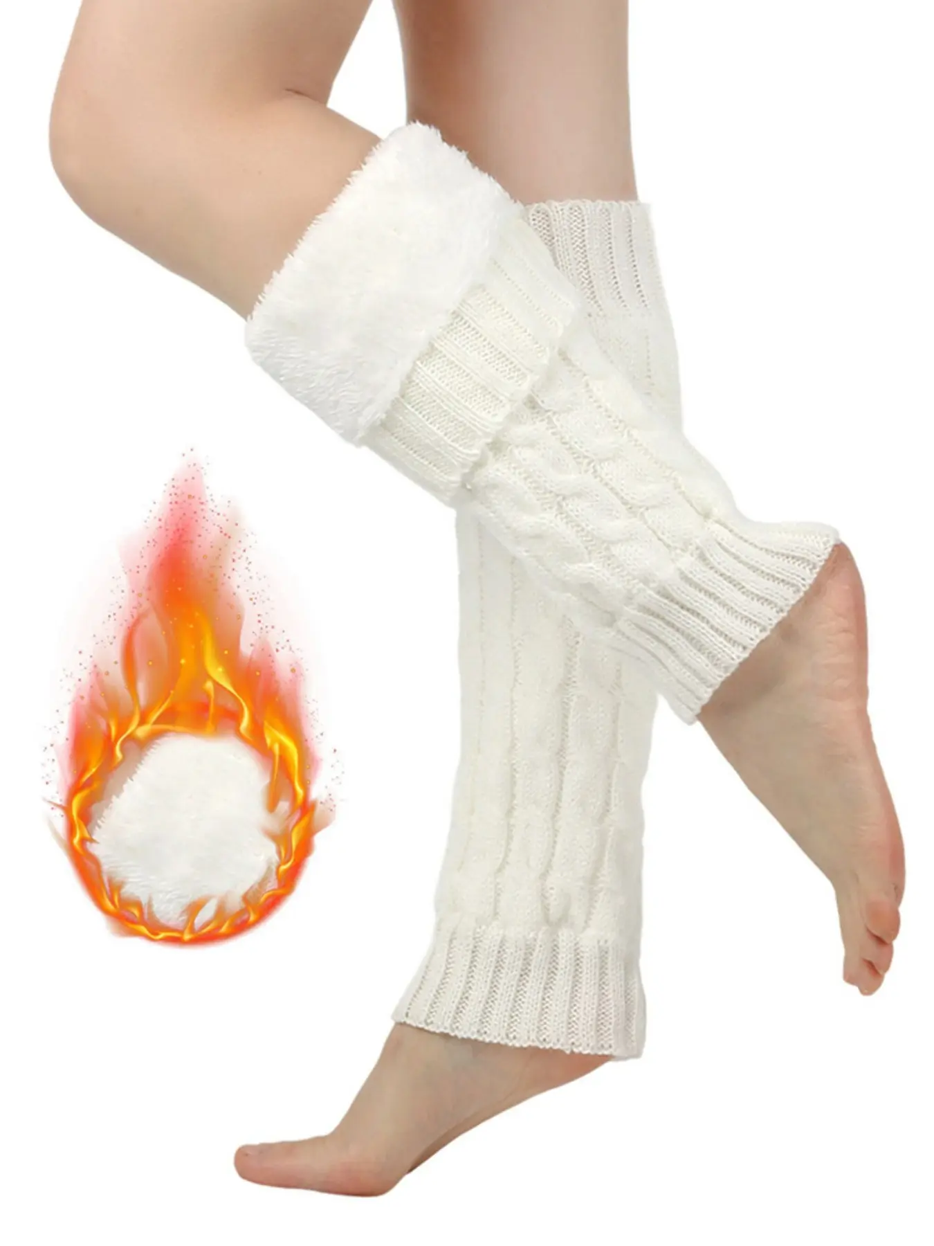 1Pairs Women's Fleece-Lined Thickened Knit Leg Warmers/Slouch Socks – Thermal Cable-Knit Leg Warmers