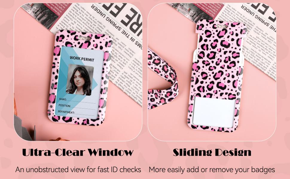 Fashionable Sliding Badge Holder Pink Leopard Print Plastic Card Holder with Retractable Badge Reel Carabiner & Detachable Lanyard Vertical Card Protector for Office Worker Teacher Student
