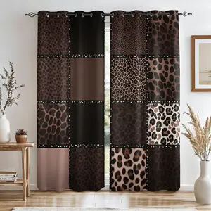 Edgy Brown Leopard Print Blackout Curtains Set of 2, Thermal Insulated Noise Reducing Window Drapes, Warm Tone Patchwork Design, Light Blocking, Perfect for Teens & Adults Bedroom