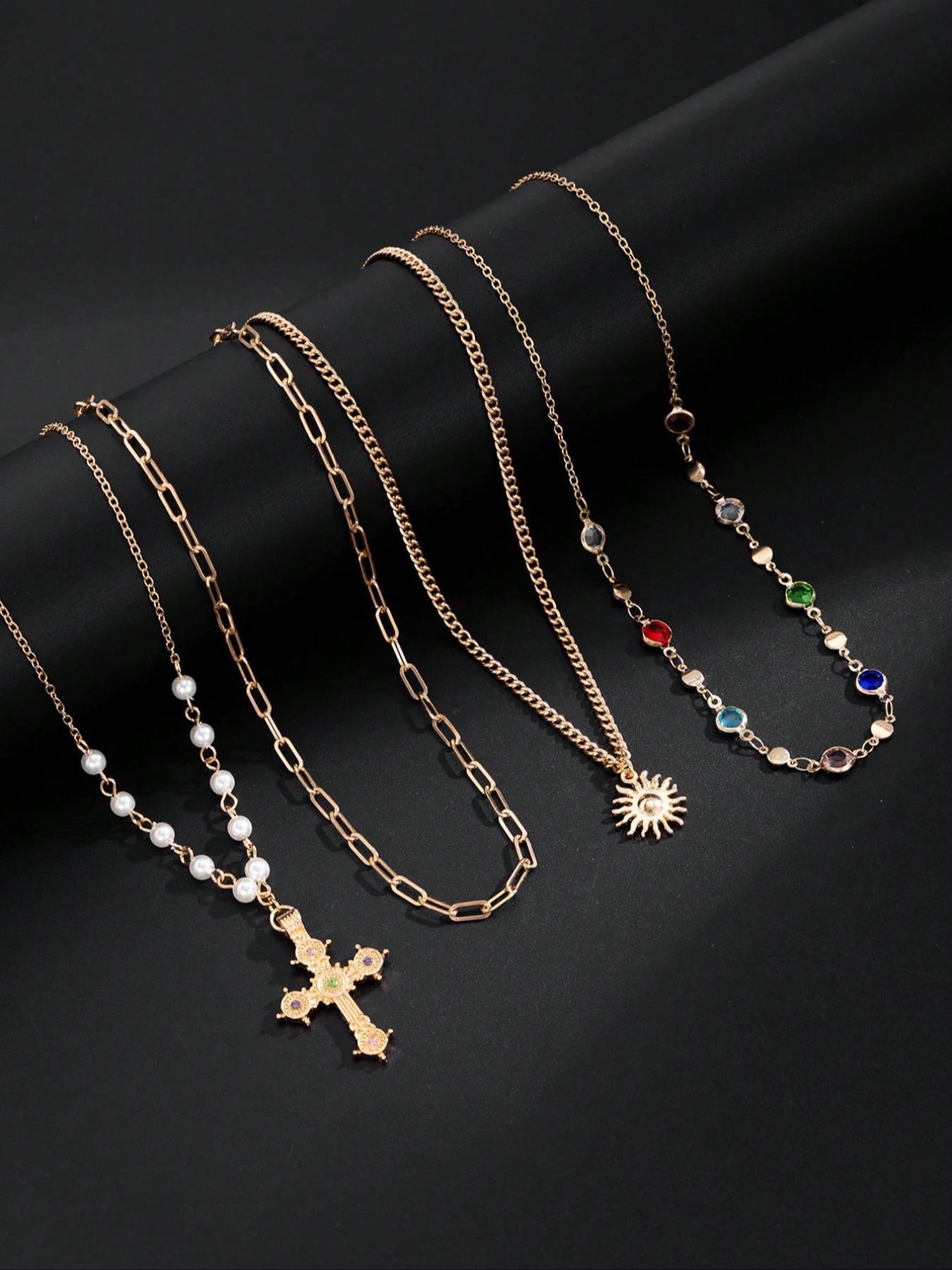 4-piece Vintage Multi-color Rhinestone Cross Sun Pendant Elegant Necklace Set, Durable Alloy Material Adjustable Hip Hop Punk Unique Cross Pendant Jewelry for Men, Couples Necklace, Iced Out Chains