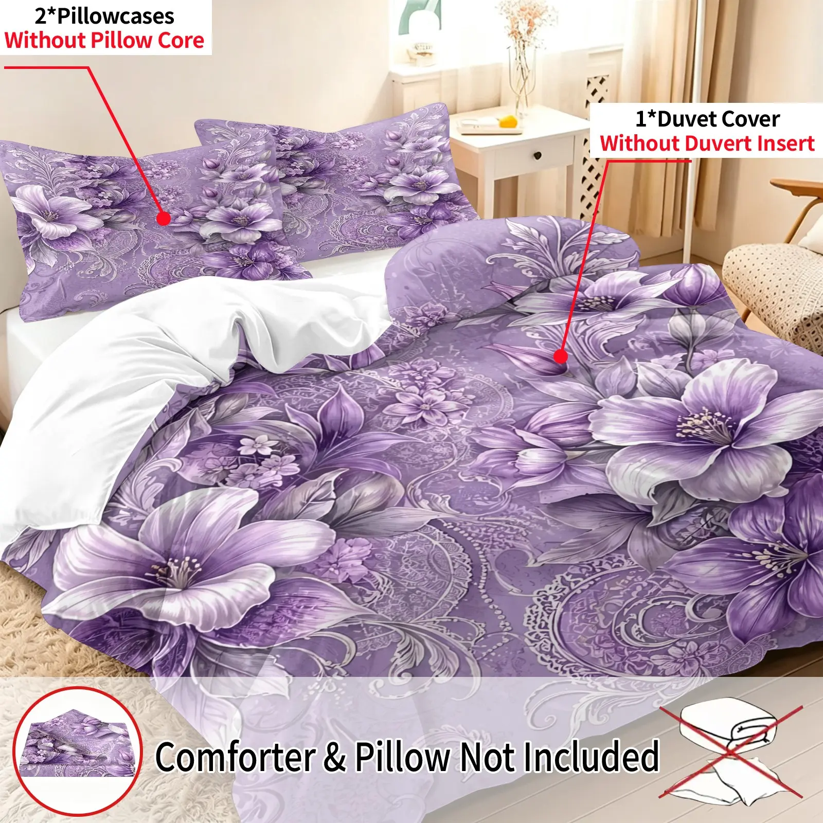 3pc Floral Lace Bedspread Set, Invisible Zipper, Soft Touch, Vintage Design, Durable Bed Linen, Comfy Bedding Set