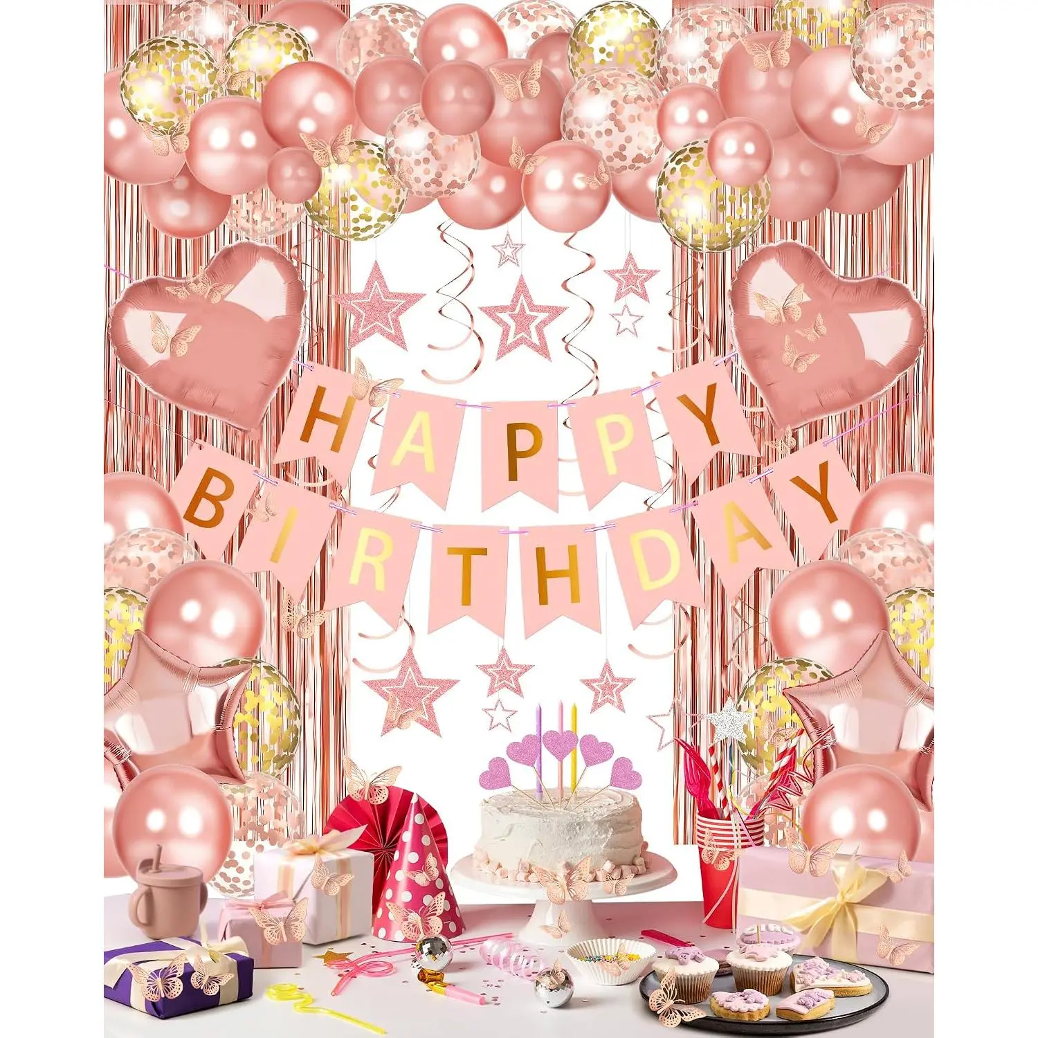 Rose  Happy Birthday Party Decorations, Happy Birthday Banner, Rose  Foil Heart  Confetti Balloons Curtain Backdrop  Swirls Party Decor for Girls Women Princess