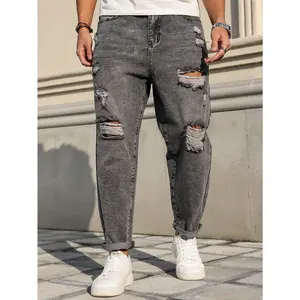Men's Extreme Motion Regular Straight Jean,Straight Leg Distressed Jeans,Charcoal Grey Ripped Denim Pants,Retro Y2K Streetwear Skater Trousers,Summer Vintage Acid Wash Grey Bottoms